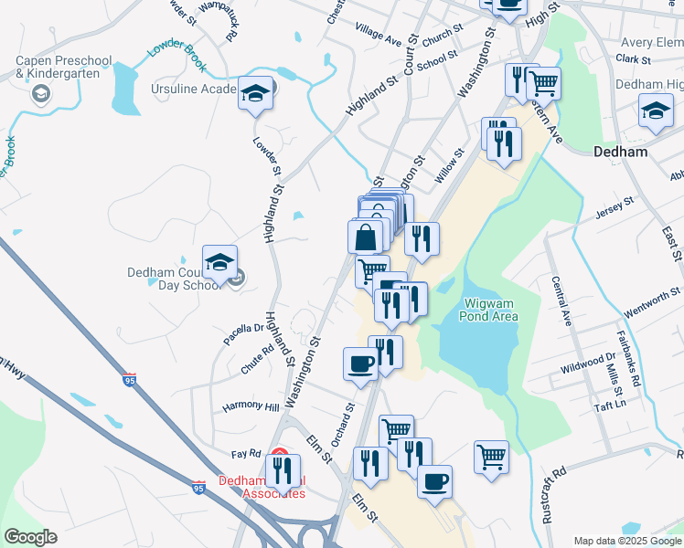 map of restaurants, bars, coffee shops, grocery stores, and more near 689 Washington Street in Dedham