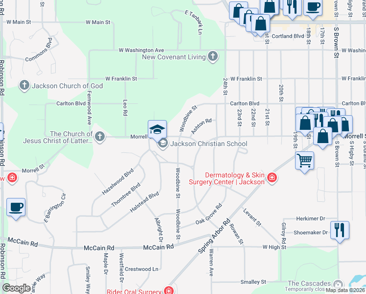 map of restaurants, bars, coffee shops, grocery stores, and more near 764 Woodbine Street in Jackson