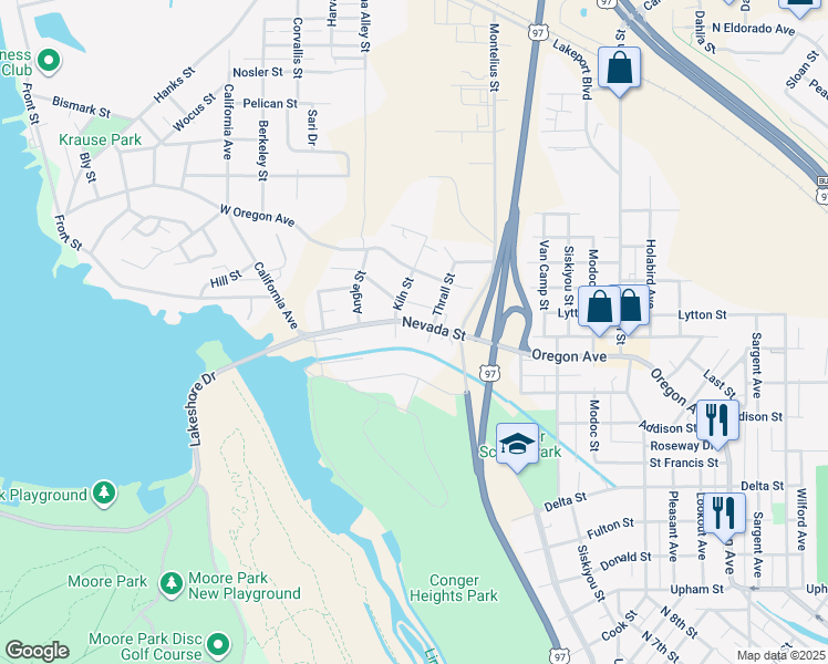 map of restaurants, bars, coffee shops, grocery stores, and more near 118 Nevada Street in Klamath Falls
