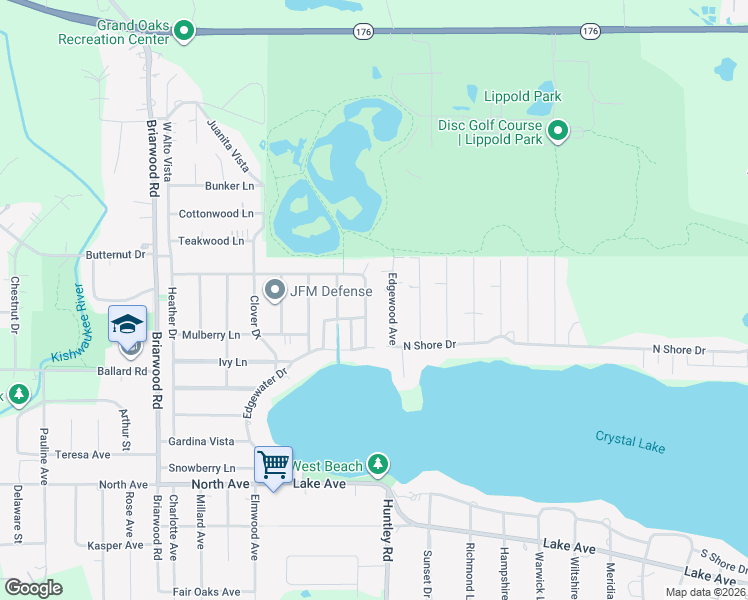 map of restaurants, bars, coffee shops, grocery stores, and more near 33 Timberhill Drive in Crystal Lake
