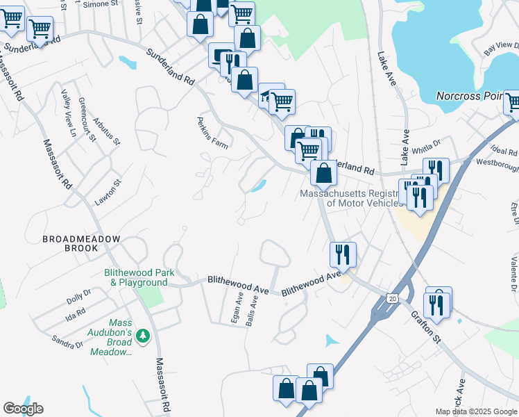 map of restaurants, bars, coffee shops, grocery stores, and more near 384 Sunderland Road in Worcester