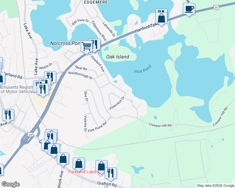 map of restaurants, bars, coffee shops, grocery stores, and more near 10 Crestlan Circle in Worcester