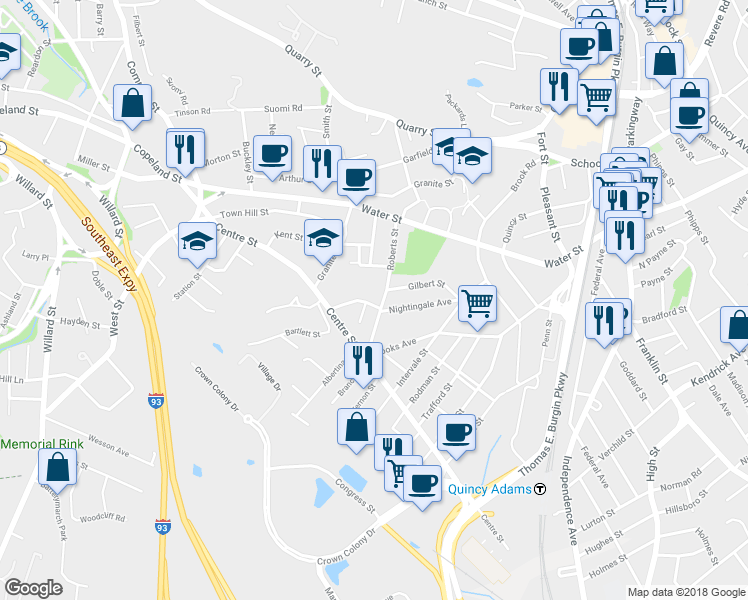 map of restaurants, bars, coffee shops, grocery stores, and more near 44 Grossman Street in Quincy