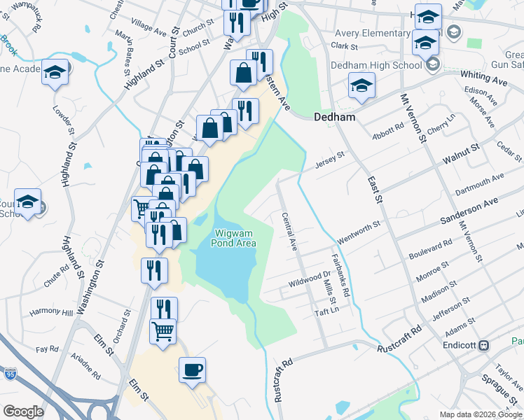 map of restaurants, bars, coffee shops, grocery stores, and more near 123 West Jersey Street in Dedham