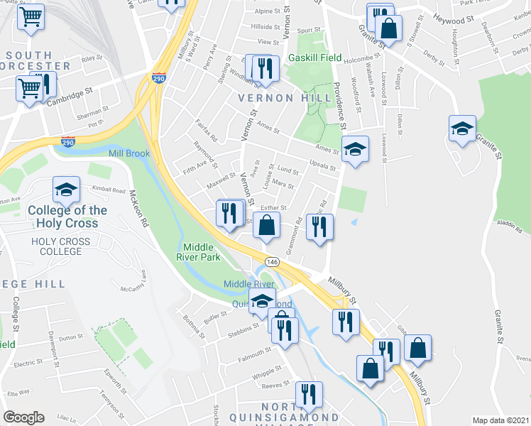 map of restaurants, bars, coffee shops, grocery stores, and more near 3 Rose Street in Worcester
