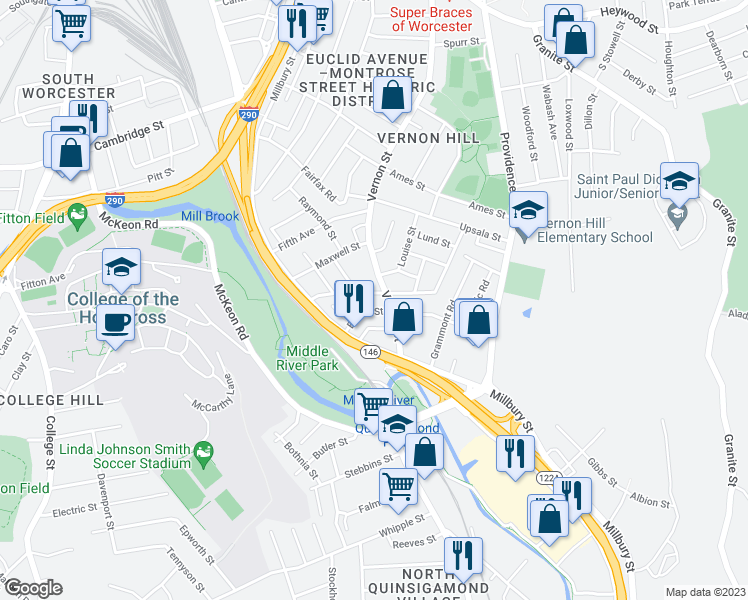 map of restaurants, bars, coffee shops, grocery stores, and more near 24B Esther Street in Worcester