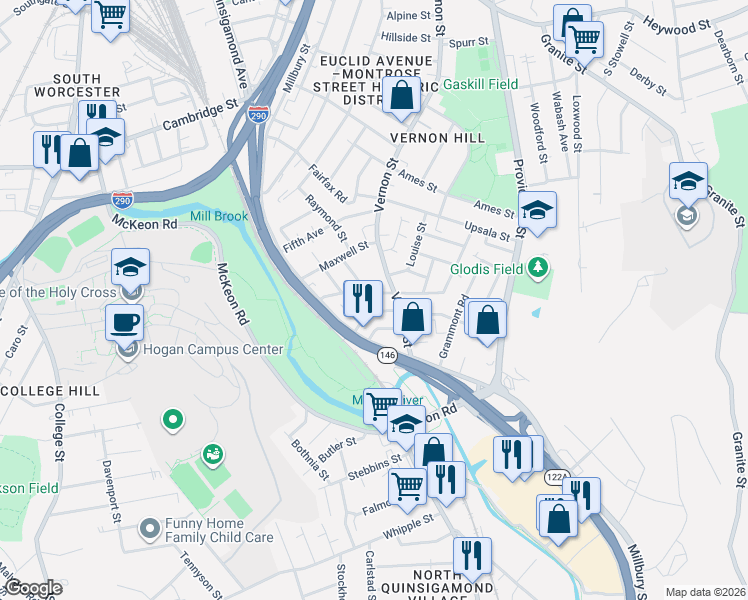 map of restaurants, bars, coffee shops, grocery stores, and more near 24B Esther Street in Worcester