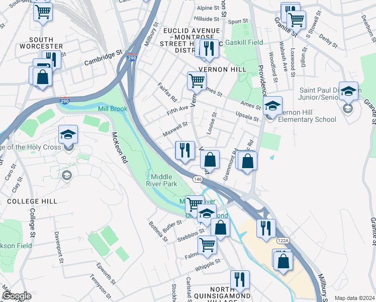 map of restaurants, bars, coffee shops, grocery stores, and more near 24B Esther Street in Worcester