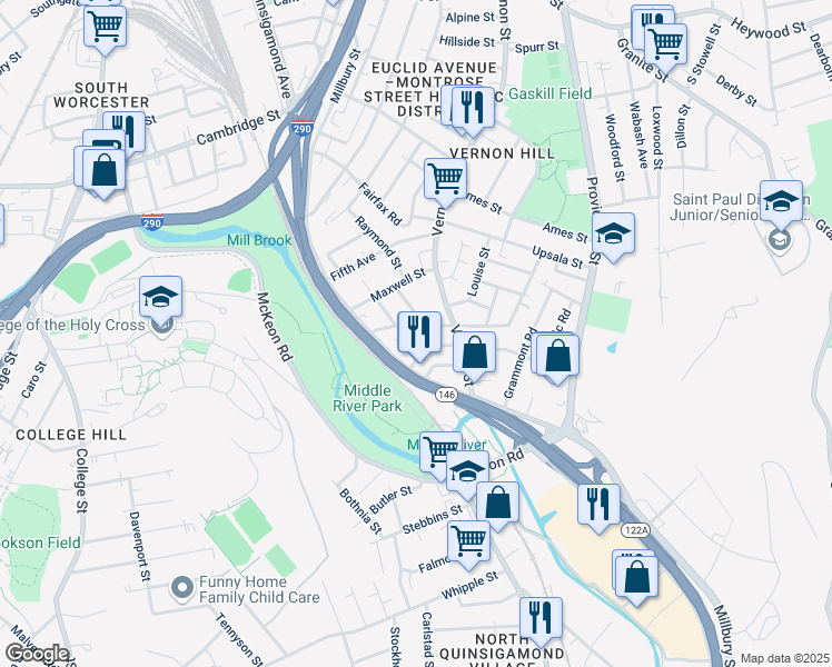 map of restaurants, bars, coffee shops, grocery stores, and more near 24B Esther Street in Worcester