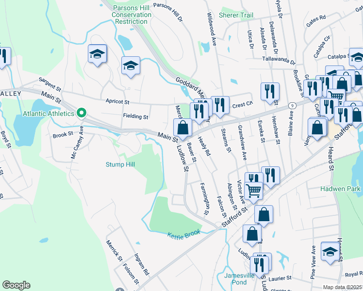 map of restaurants, bars, coffee shops, grocery stores, and more near 1438 Main Street in Worcester