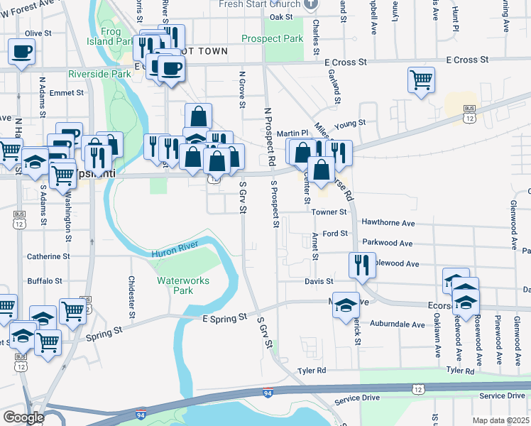 map of restaurants, bars, coffee shops, grocery stores, and more near 10 South Prospect Street in Ypsilanti