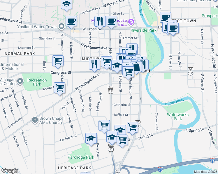 map of restaurants, bars, coffee shops, grocery stores, and more near in Ypsilanti