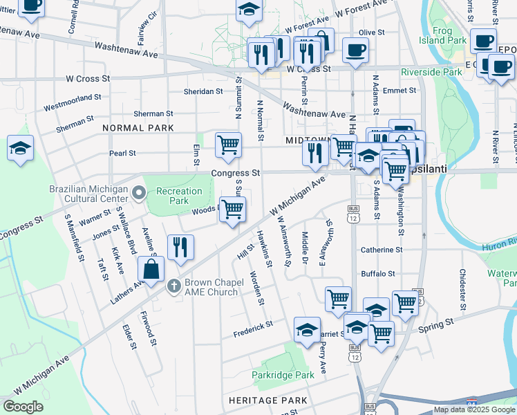 map of restaurants, bars, coffee shops, grocery stores, and more near 18 South Normal Street in Ypsilanti