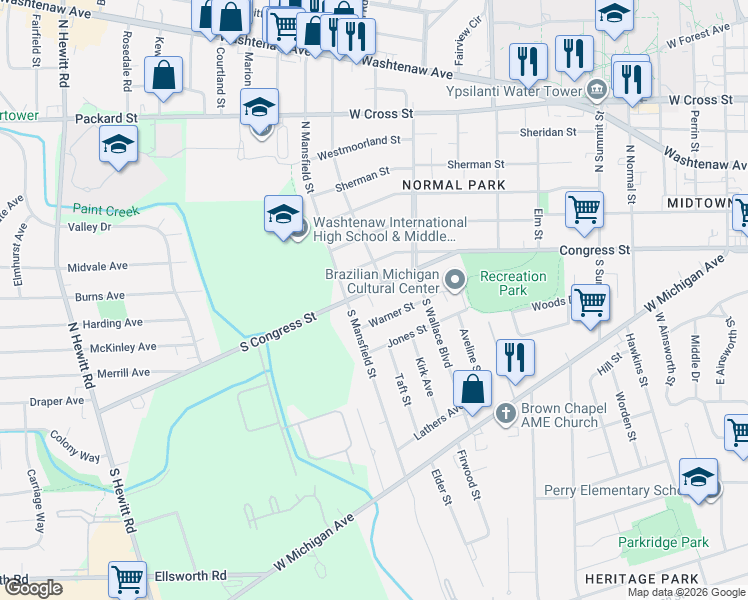 map of restaurants, bars, coffee shops, grocery stores, and more near 9 Owendale Street in Ypsilanti