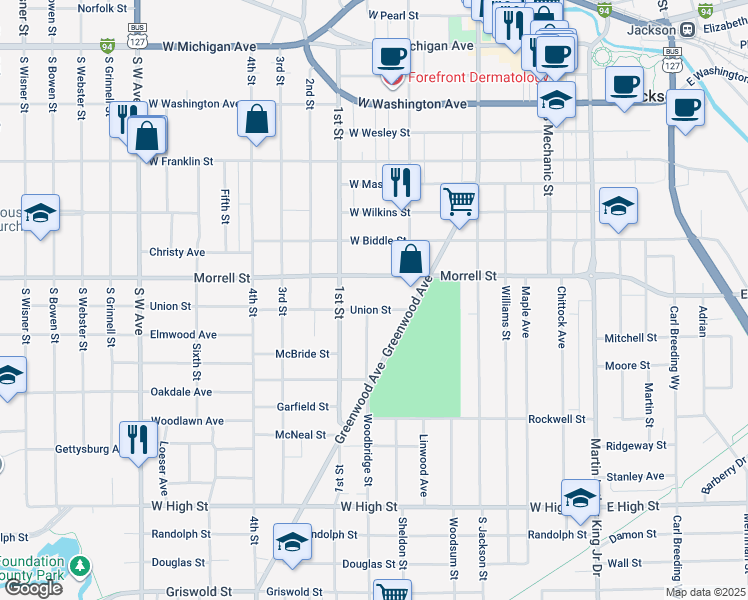 map of restaurants, bars, coffee shops, grocery stores, and more near 339 West Morrell Street in Jackson