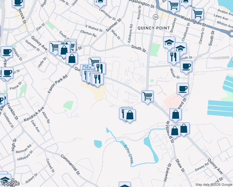 map of restaurants, bars, coffee shops, grocery stores, and more near 287-351 Quincy Avenue in Quincy