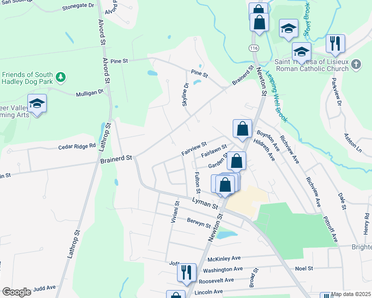 map of restaurants, bars, coffee shops, grocery stores, and more near 41 Fairview Street in South Hadley