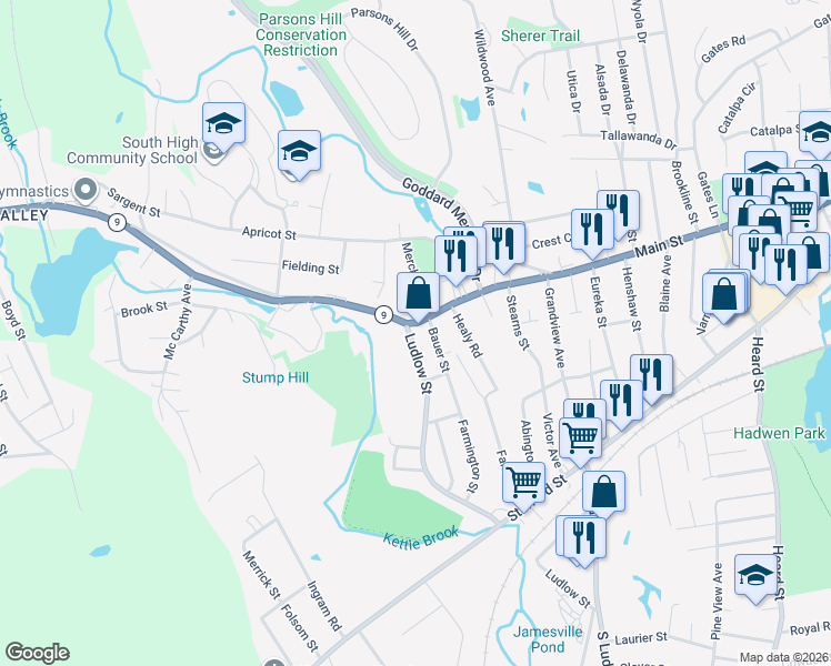 map of restaurants, bars, coffee shops, grocery stores, and more near 1 Ludlow Street in Worcester