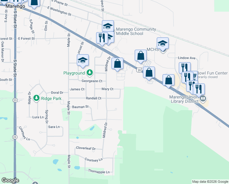 map of restaurants, bars, coffee shops, grocery stores, and more near 937 Mary Court in Marengo