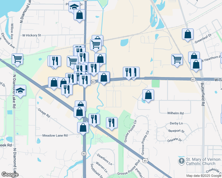 map of restaurants, bars, coffee shops, grocery stores, and more near 200 Oak Creek Plaza in Mundelein
