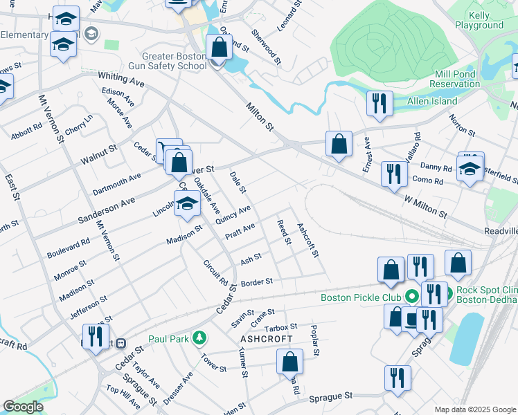 map of restaurants, bars, coffee shops, grocery stores, and more near 95 Quincy Avenue in Dedham