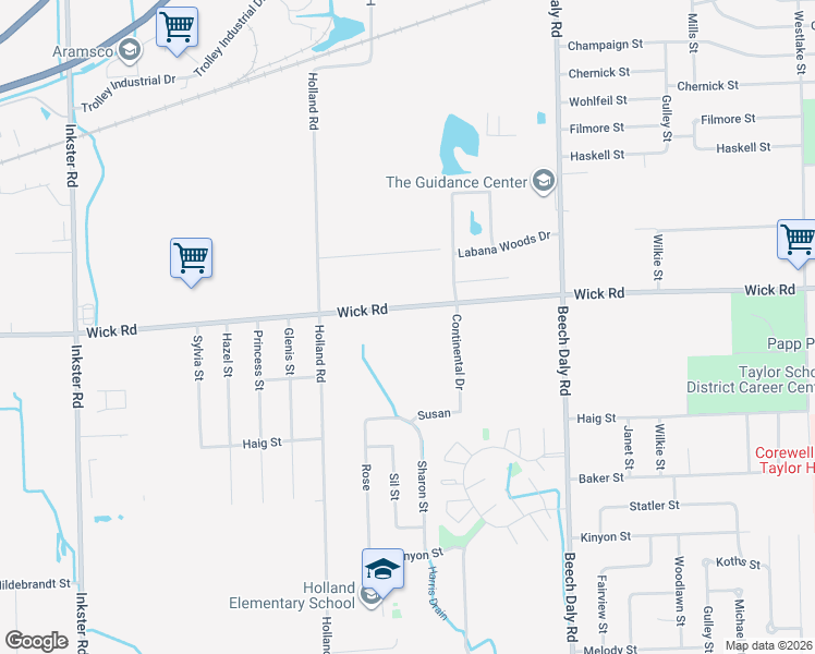 map of restaurants, bars, coffee shops, grocery stores, and more near 26199 Wick Road in Taylor