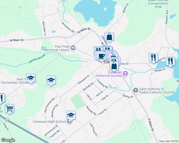 map of restaurants, bars, coffee shops, grocery stores, and more near 8 Cushing Road in Cohasset
