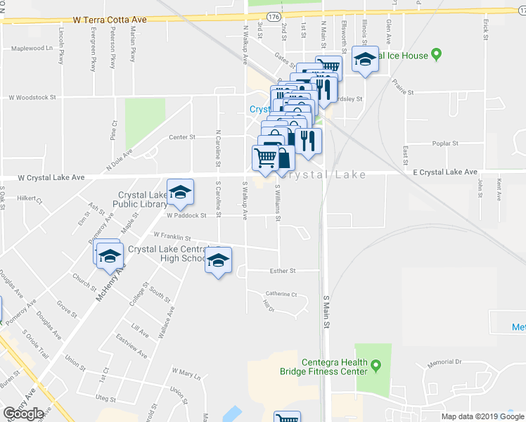 map of restaurants, bars, coffee shops, grocery stores, and more near 20 East Paddock Street in Crystal Lake