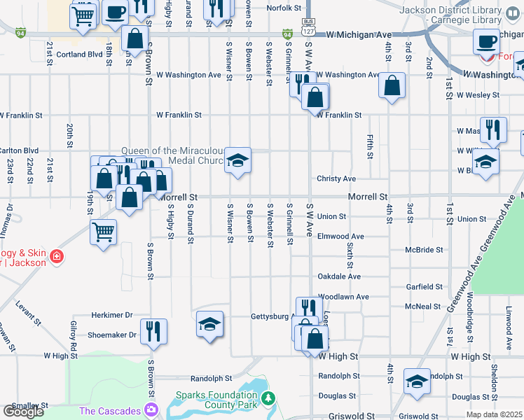 map of restaurants, bars, coffee shops, grocery stores, and more near 1001 West Morrell Street in Jackson