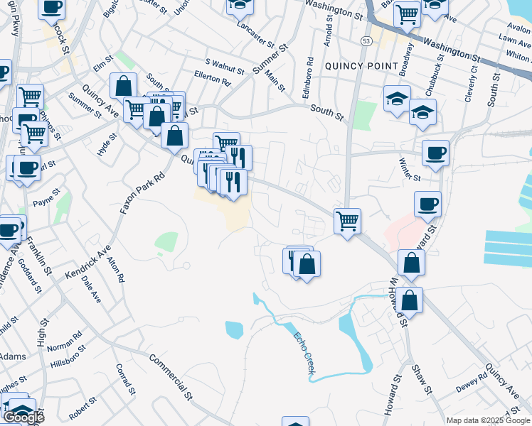 map of restaurants, bars, coffee shops, grocery stores, and more near 11 Apex Street in Quincy