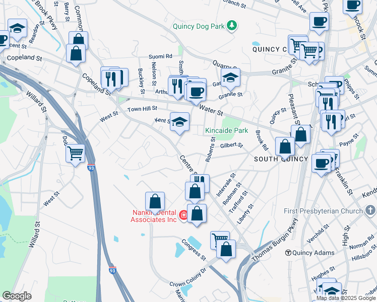 map of restaurants, bars, coffee shops, grocery stores, and more near 444 Granite Street in Quincy