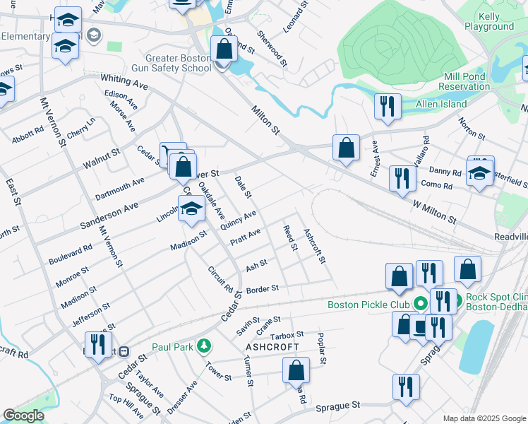 map of restaurants, bars, coffee shops, grocery stores, and more near 95 Quincy Avenue in Dedham