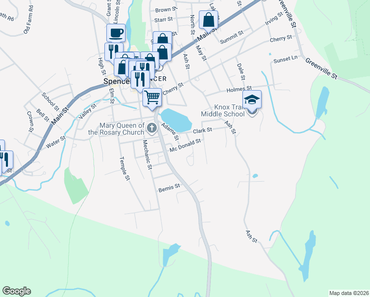 map of restaurants, bars, coffee shops, grocery stores, and more near 23 Adams Street in Spencer