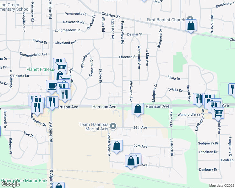 map of restaurants, bars, coffee shops, grocery stores, and more near 2414 Eggleston Court in Rockford