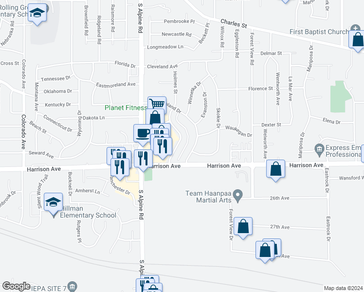 map of restaurants, bars, coffee shops, grocery stores, and more near 2502 Holmes Street in Rockford