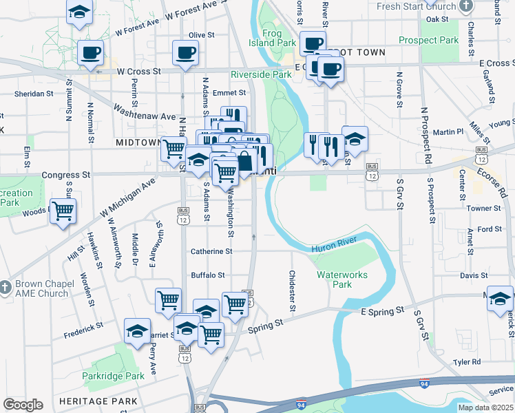map of restaurants, bars, coffee shops, grocery stores, and more near 103 South Huron Street in Ypsilanti