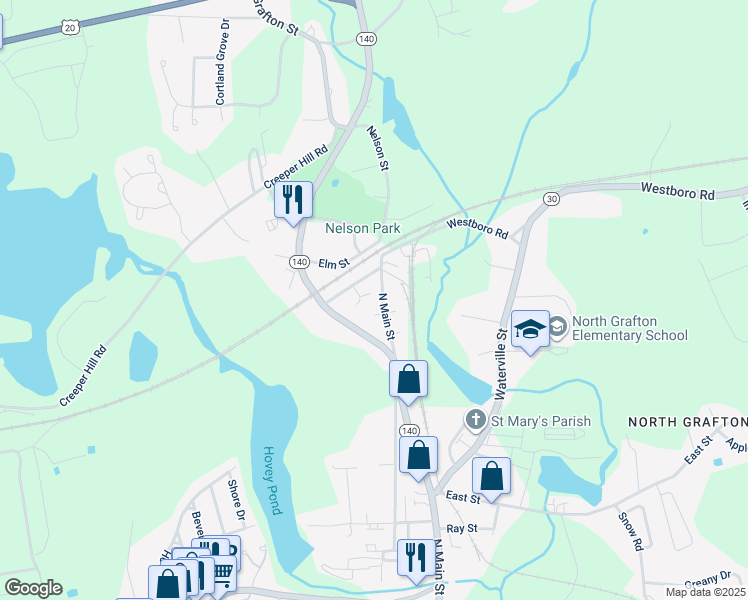 map of restaurants, bars, coffee shops, grocery stores, and more near 12 Westboro Road in Grafton