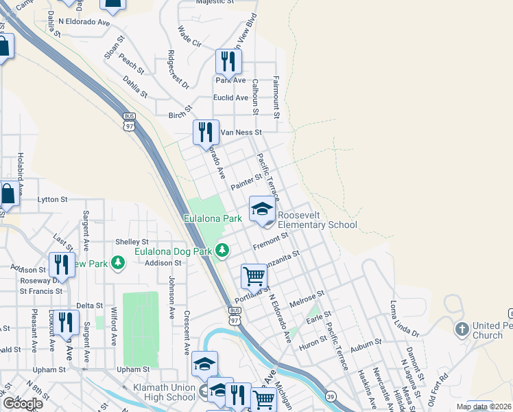 map of restaurants, bars, coffee shops, grocery stores, and more near 1948 Del Moro Street in Klamath Falls