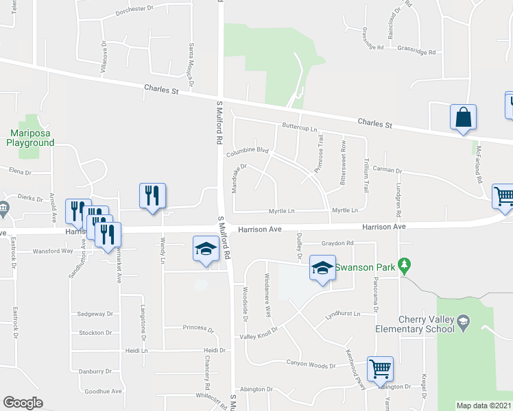 map of restaurants, bars, coffee shops, grocery stores, and more near 6116 Myrtle Lane in Rockford