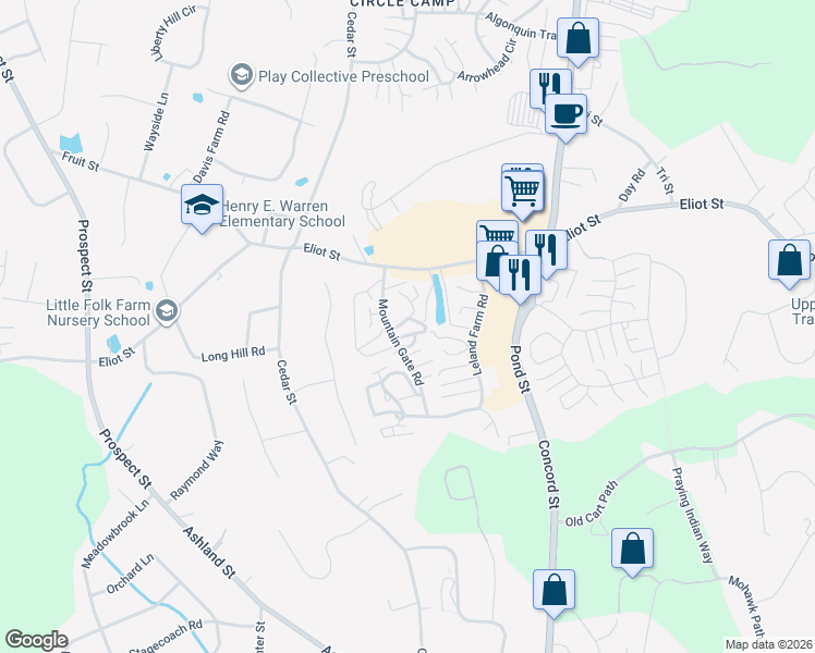map of restaurants, bars, coffee shops, grocery stores, and more near 38 Mountain Gate Road in Ashland