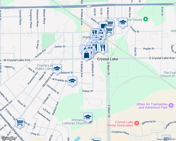 map of restaurants, bars, coffee shops, grocery stores, and more near 20 East Paddock Street in Crystal Lake