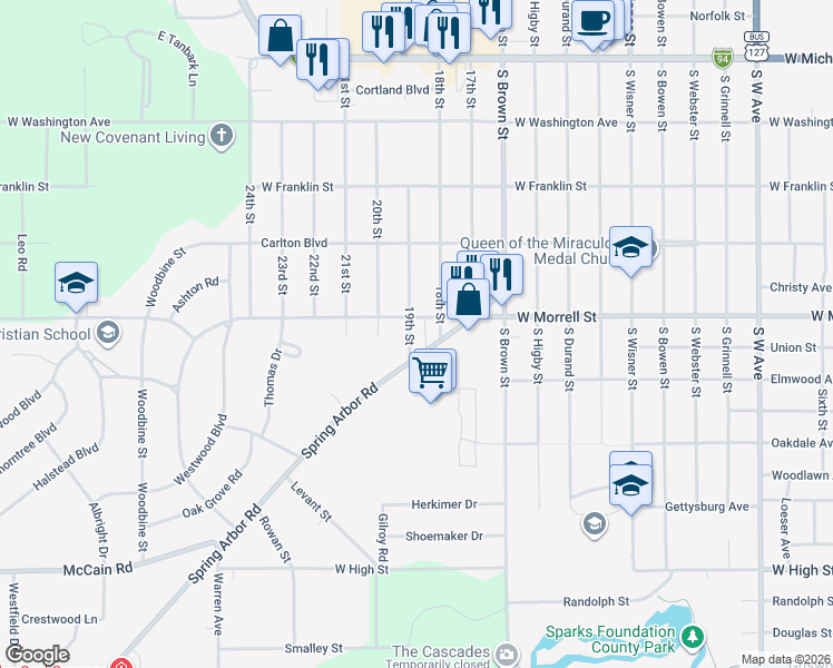 map of restaurants, bars, coffee shops, grocery stores, and more near 1820 West Morrell Street in Jackson