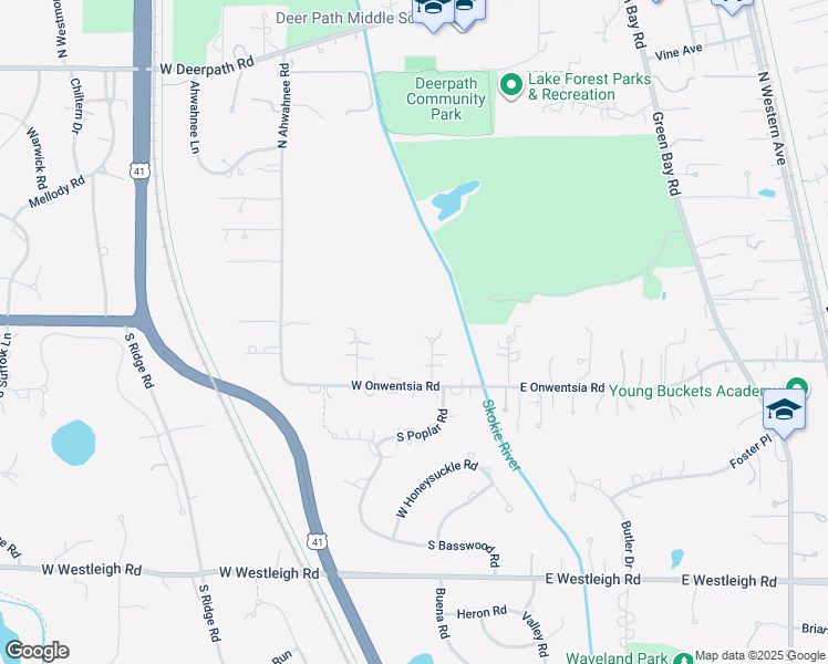 map of restaurants, bars, coffee shops, grocery stores, and more near 24 Shawnee Lane in Lake Forest