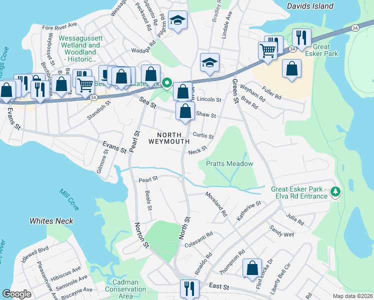 map of restaurants, bars, coffee shops, grocery stores, and more near 274 North Street in Weymouth