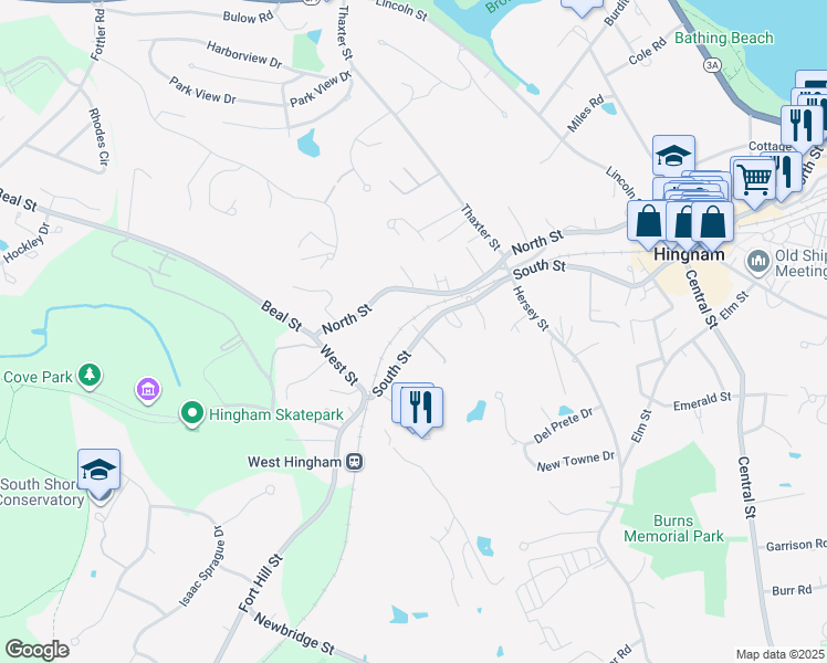map of restaurants, bars, coffee shops, grocery stores, and more near 239 South Street in Hingham