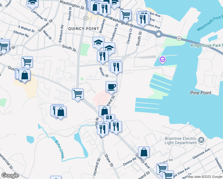 map of restaurants, bars, coffee shops, grocery stores, and more near 114 East Howard Street in Quincy