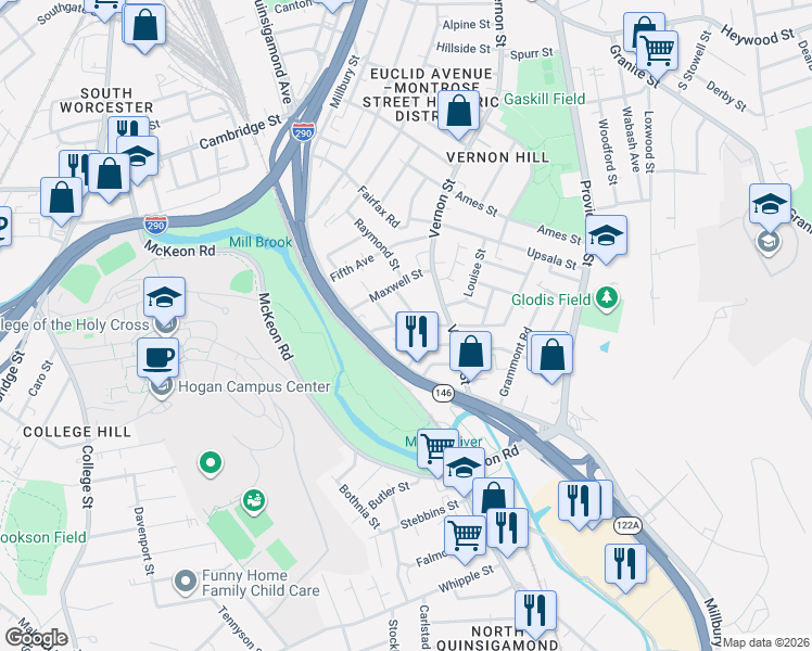 map of restaurants, bars, coffee shops, grocery stores, and more near 10 Maxwell Court in Worcester