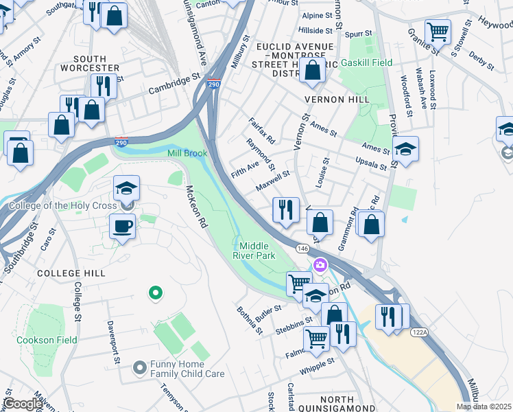 map of restaurants, bars, coffee shops, grocery stores, and more near in Worcester