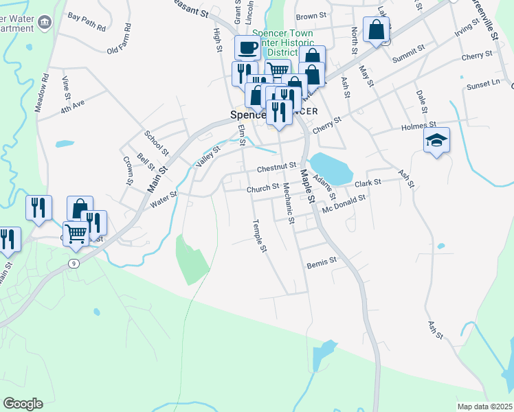 map of restaurants, bars, coffee shops, grocery stores, and more near 30 Prospect Street in Spencer