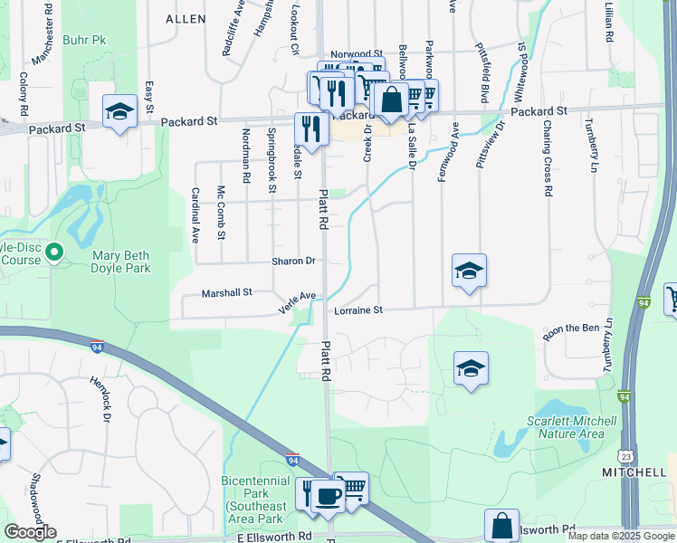 map of restaurants, bars, coffee shops, grocery stores, and more near 3421 Platt Road in Ann Arbor